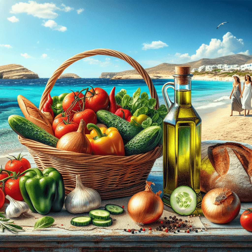 סלסלת ירקות טריים, שמן זית ולחם מלא, ברקע תמונה של חוף ים תיכוני